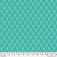 Digitale Rapportdarstellung des Eulen-Musters mit „freespiritfabrics.com“-Schriftzug und Zoll-Maßband.