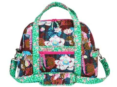 Türkisfarbene Reisetasche mit Lotusblüten-Druck, Frontansicht mit Reißverschlusstasche.