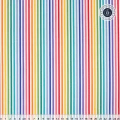 Baumwollstoff Riley Blake 1/8 Stripe Rainbow mit schmalen bunten Regenbogenstreifen auf Weiß, mit Maßband in cm