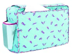 Nähmaschinenhülle in Mint mit lila Handzeichen-Motiv, seitlichem Netzfach und geöffneter Magnetklappe.