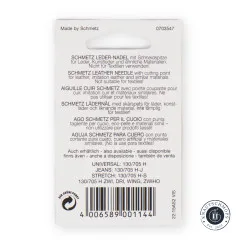 Rückseite der Schmetz Ledernadel-Packung mit mehrsprachigen Hinweisen, Artikelnummer 0703547 und Barcode