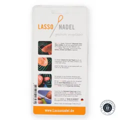 Rückseite der Verpackung mit Anwendungsfotos, Anleitung und Barcode zur Lasso Nadel Patchwork