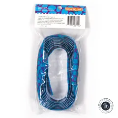 Rückseite der Verpackung mit Beschreibung 'zipper tape featuring blue pebbles on a purple background', Barcode und Sassafras-Lane-Logo.