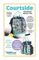 Packungsfoto des ByAnnie's Schnittmusters Courtside: Rucksack-Duffle für Schläger mit Racket, Ball und Rückansicht.