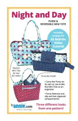 Vorderseite der ByAnnie's Schnittmusterhülle „Night and Day" mit Purse, Mini Tote und deren Wende-Ansicht in drei verschiedenen Stoffen.