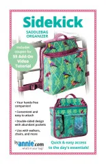 Packungsfoto des ByAnnie's Schnittmusters Sidekick: Satteltasche in Vogel-Print, am Rollator befestigt und als Einzelansicht.