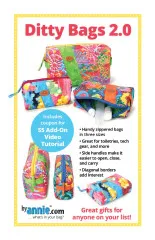 Titelseite des Schnittmusters "Ditty Bags 2.0" mit den drei Taschengrößen in einem bunten Konfetti-Muster.