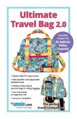 Titelseite der ByAnnie's-Schnittmusteranleitung Ultimate Travel Bag 2.0 mit Foto der türkisfarbenen Reisetasche auf einem Rollkoffer.