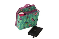 Sidekick-Satteltasche in Vogel-Print mit Portemonnaie und Utensilien im Außenfach.