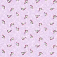 Musterübersicht des Fisch-Designs Sofishticated in Blossom mit bunten Fischsilhouetten auf wellenförmigem Fliederhintergrund.