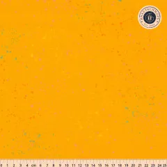 Canvas Speckled Goldenrod von Ruby Star Society, senfgelber Stoff mit rosa, orangen und türkisen Farbspritzern, mit Maßband