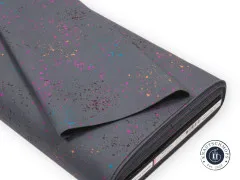 Stoffballen Canvas Speckled Ghostly in Grau mit bunten Sprenkeln und Etikett