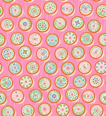 Musteransicht mit Garnrollen-Motiven wie „Poppin' Bobbin" und „Daily Thread" auf rosa Fond.