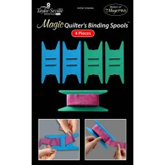 Die vier Magic Quilter's Binding Spools sowie eine bewickelte Spule mit Schrägband freigestellt auf schwarzem Hintergrund.
