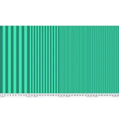 Ganze Stoffbreite Sticks Wintergreen: breite Mint-Petrol-Streifen links, feine Linien rechts, mit Zollskala
