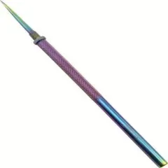 Der Stiletto freigestellt ohne Verpackung mit schillerndem Regenbogen-Griff und feiner Spitze.