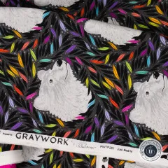 Gefalteter Stoffballen mit Banderole „Graywork – Just Bearly", Artikelnummer und Bärentatze-Symbol.