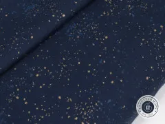 Extreme Nahaufnahme des Speckled-Gewebes in Navy mit fein verteilten goldfarbenen Metallic-Punkten.