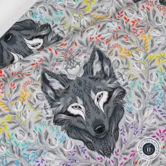 Extreme Nahaufnahme des Wolfskopf-Musters am Stoffbruch.