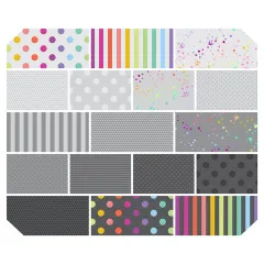 Musterübersicht der 15 Stoffdesigns aus der Tula Pink „True Colors Graywork"-Kollektion in Grautönen mit bunten Akzenten.