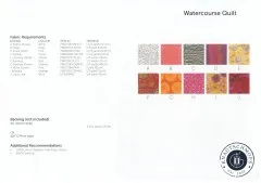 Anleitungsseite Watercourse Quilt mit Stoffübersicht A bis J, Mengenangaben und Backing-Empfehlung