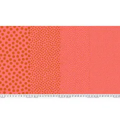 Stoffbreite Tula Pink Stones Clay mit Verlauf von großen zu feinen orangen Punkten auf Korallrot