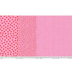 Stoffbreite von Tula Pink Stones Watermelon mit Punkteverlauf von großen zu feinen roten Tupfen auf Rosa