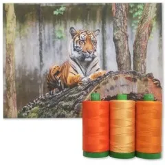 Aurifil-Garnrollen Sumatran Tiger vor einem Hintergrundfoto eines Tigers auf einem Baumstamm