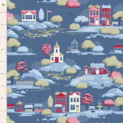 Tilda-Baumwollstoff mit Dorfmotiv der Kollektion Village Life in Blau: Häuser, Bäume und ein Brunnen vor blauem Hintergrund.