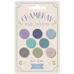 Grafik der Tilda Chambray Basic Buttons Cool Colors mit acht Zweiloch-Knöpfen in kühlen Farbtönen