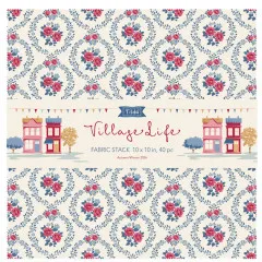 Verpackungsetikett des Tilda Fabric Layer Cake Village Life auf Rosenmuster-Stoff mit Hinweis „Fabric Stack 10 x 10 in, 40 pc".