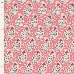 Stoffausschnitt Tilda Jubilee Teardrop Pink mit Paisley-Muster und Zoll-Lineal am Rand