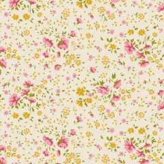 Tilda Stoff Ellie mit rosa und gelben Blumen auf hellem Baumwollstoff