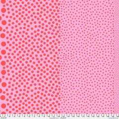 Tula Pink Stones Watermelon: rote Punkte auf rosa Baumwollstoff, Größenverlauf von groß nach fein, mit Zollmaßband