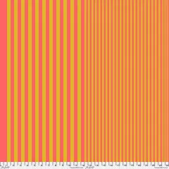 Tula Pink Baumwollstoff Sticks Cantaloupe mit vertikalen Streifen in Korallrot-Pink und Senfgelb, Streifenbreite verlaufend