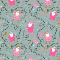 Weihnachtsstoff Twinkle Tangle aus der Yee-Haw-Holidays-Kollektion von Cotton & Steel mit tanzenden pinkfarbenen Cowboy-Weihnachtsmännern, Lichterketten und Zuckerstangen