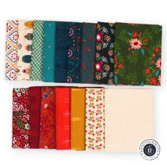 Alle 16 Fat Quarters der Maven-Kollektion flach ausgelegt in zwei Reihen