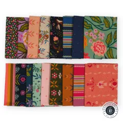 Alle 17 Fat Quarters der Starling-Kollektion flach ausgelegt in zwei Reihen