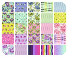 Rasterübersicht aller 25 Einzelstoffe im Set: Korallen, Muscheln, Fische, Blüten und Punktmuster in Blau, Grün und Pink.