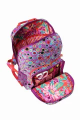 Leader-of-the-Pack-Rucksack in Lila mit bunten Kreisen, geöffnet mit Blick auf Organizer-Vortasche und Blumenstoff-Innenfutter