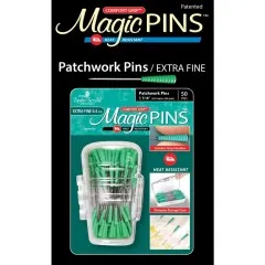 Verpackung der Patchwork Extra-Fine Stecknadeln vor schwarzem Hintergrund mit Nadel-Illustration