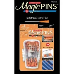 Verpackung der Silk Extra-Fine Stecknadeln vor schwarzem Hintergrund mit Nadel-Illustration und Produktbezeichnung
