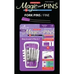 Verpackung der Fork Pins Fine vor schwarzem Hintergrund mit Gabel-Nadel-Illustration und Hinweis „2 Pins in 1“