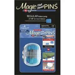 Verpackung der Flat Head Pins Regular vor schwarzem Hintergrund mit Nadel-Illustration und Massangabe