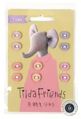 Knopfkarte „Tilda Friends“ mit Elefanten-Motiv in Rosa, acht Stoffknoepfe in Rosa- und Flieder-Toenen um die Figur angeordnet