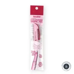 Verpackter Sewline-Stift mit rosa Kappe, Frontalansicht der Verpackung.