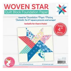 Frontalansicht der Verpackung "Woven Star Quilt Block Foundation Paper" mit Beispielblock aus bunten Stoffresten.