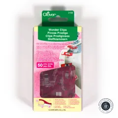 Frontalansicht der Verpackung mit Clover Wonder Clips und Anwendungsbeispiel an der Nähmaschine.