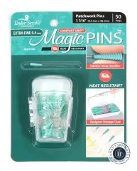 Verpackungskarte der Taylor Seville Magic Pins Patchwork Extra-Fine in Gruen, 50 Stecknadeln mit Comfort-Grip-Griffen in durchsichtiger Box