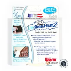 Verpackung „Lite Steam-A-Seam 2" mit Produktbeschreibung und Anwendungsbeispielen für Spitze, Bänder und Säume, gerade von vorne fotografiert.